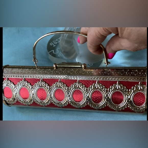 New handheld cylinder shape metal red embellished clutch  bag